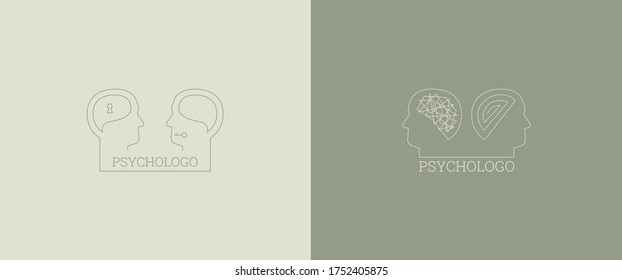 Delicate linear logos depicting the head of a person in profile and his brain. Vector illustration logo for a psychologist. Mental health and psychology. The study of human psychology.