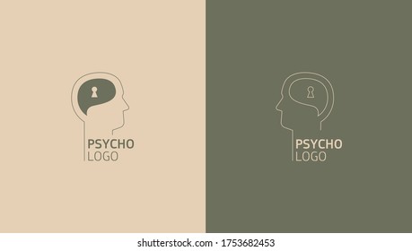 Delicate Linear Logos Depicting The Head Of A Person In Profile And His Brain. Vector Illustration Logo For A Psychologist. Mental Health And Psychology. The Study Of Human Psychology.