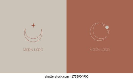 Delicate linear logos depicting the moon. Vector illustration in gentle colors of a logo for a female business. mental health and psychology, beauty, self-care, health, aculism, mysterious signs.