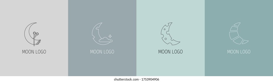 Delicate linear logos depicting the moon. Vector illustration in gentle colors of a logo for a female business. mental health and psychology, beauty, self-care, health, aculism, mysterious signs.