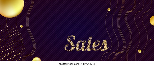 Delicate lines romantic gold summer background. Golden sale and gold 3d beads on dark blue banner trend