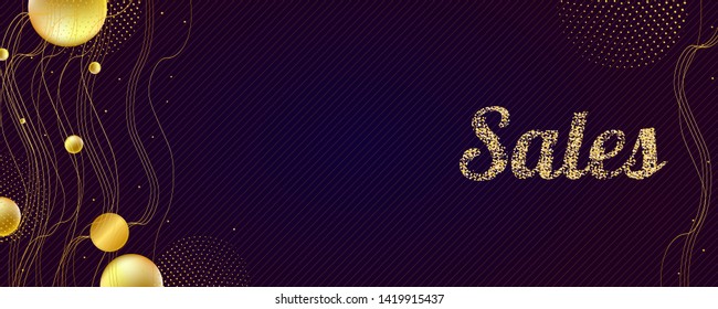 Delicate lines romantic gold summer background sale and gold 3d beads on new dark blue banner