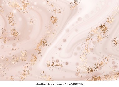 Delicate liquid marble painting background with gold glitter splatter.