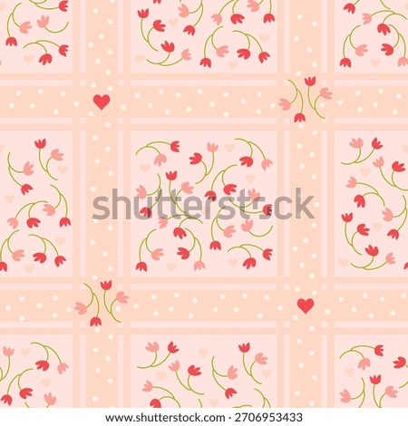 Delicate little floral seamless pattern with small tulip flowers, tiny hearts and ribbon plaid in polka dots. Feminine romantic background, wedding invitation, fabric and wallpaper or home decor 