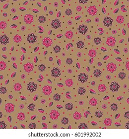 Delicate little flowers in magenta and brown colors. Vector graphic print. Small floral seamless pattern.