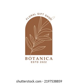 Delicate logo with branch in a minimal liner style. Vector icon for handmade products, floral shop, decor, wedding, boutique etc. Branding.