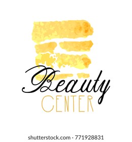 Delicate logo design with abstract golden texture for beauty center. Label with gentle colors. Beauty salon emblem concept.