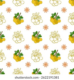 Delicado patrón de frutas y flores de Longan: un diseño suave y repetido con racimos de Longan amarillo con hojas verdes y flores de color rosa suave en blanco