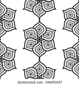 Delicate Lotus flower tiled seamless pattern. Buddhist Temple inspired ornament. Garlands. Beads. Oriental decorative motif. Abstract black and white Background. Vector illustration.
