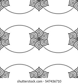 Delicate Lotus flower tiled seamless pattern in chains. Buddhist Temple inspired ornament. Garlands. Beads. Oriental decorative motif. Abstract black and white Background. Vector illustration.