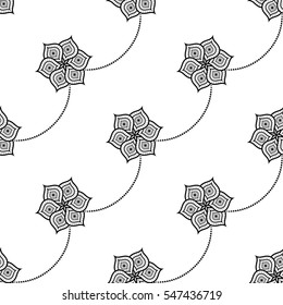 Delicate Lotus flower tiled seamless pattern in chains. Buddhist Temple inspired ornament. Garlands. Beads. Oriental decorative motif. Abstract black and white Background. Vector illustration.
