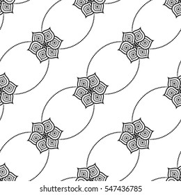 Delicate Lotus flower tiled seamless pattern in chains. Buddhist Temple inspired ornament. Garlands. Beads. Oriental decorative motif. Abstract black and white Background. Vector illustration.