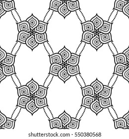 Delicate Lotus flower tiled seamless pattern in chains. Buddhist Temple inspired ornament. Garlands. Beads. Oriental decorative motif. Abstract black and white Background. Vector illustration.