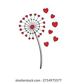 Um delicado dente-de-leão de amor com sementes flutuando, cada uma carregada com pequenos corações vermelhos, espalhando calor, afeto e a magia do amor no ar.
