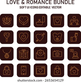 Delicado conjunto de iconos de amor y romance que muestra afecto y conexión para diseños digitales, enfatizando el usuario suave