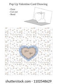 Delicate Love You Design - Vector Pop Up Valentine Card Pattern -  Print, Cut and Bend
