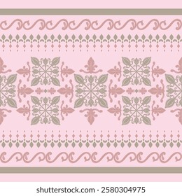 Delicate Luxury Detailed Exquisite Lace Illustration Embroidery Border Seamless Pattern on Pink Background Elaborate Silk Weaves Scroll Ornament Victoria Damask Floral Grand Royal Design for Rich Deco