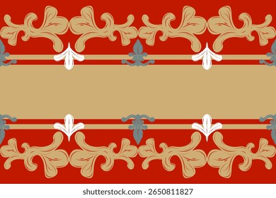 Delicate Luxury Frame Baroque Victorian Style With Gold Striped Border Pattern. Elegance Seamless Classic Rococo White Gold Green On Red Background Perfect For Embroidery Greeting  Invitation prints