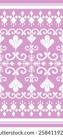 Delicate Luxury Lilac Pattern Detailed of White Ornament And Geometric Design Stripe. Elaborate Wealth Victorian Damask Pastel Feminine Border Sweetly Embroidery Handicraft Decoration for Silk Fabrics