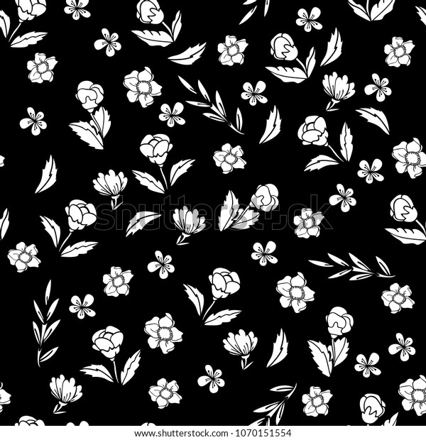 華奢な朴と茶が白黒に咲いた ベクターシームレスなパターン 織物 デザイン 本 日記のカバー 壁紙 印刷 ギフト包装 スクラップブック用のかわいい花柄の背景 のベクター画像素材 ロイヤリティフリー