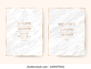 Delicate marble wedding design invitation cards with gold metallic frame.