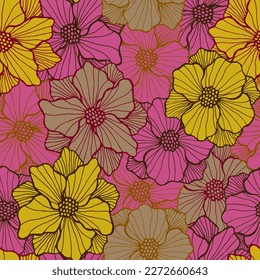 Delicate marigold bloom endless pattern. Hand drawn bouquet composition. Marigold flower with outline petals. Tablecloth print. Meadow blossom spring periodic sample scrapbook vector.