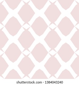 Delicate mesh texture. Vector geometric seamless pattern with fishnet, grid, lattice, diamonds. Light pink and white minimalist background. Subtle abstract ornament. Simple minimal repeatable design