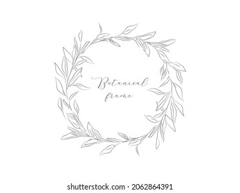 Delicate minimalist floral wreath in trendy linear style. Botanical hand drawn rustic branch for logo, invitation, flyer, stationary, card, greeting, wedding monogram. Simple pencil sketch. Vector