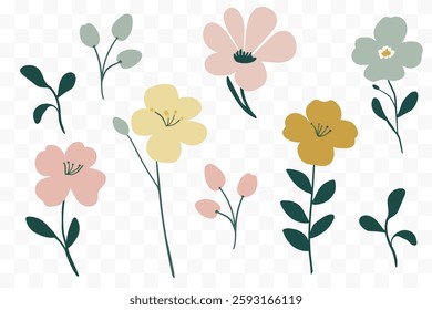 Delicate minimalist vector elements set of flowers in soft pastel colors, with elegant leaves and flowers, perfect for textiles, wallpapers and design