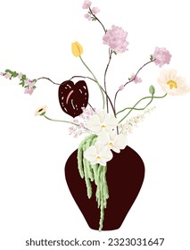 Delicate Modern Flowers and Branches Bouquet in Vase Vector Illustration