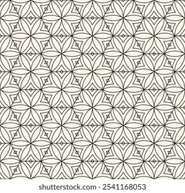 Delicate monochrome vector geometric seamless pattern with floral silhouettes, leaves, hexagonal grid, thin curved lines. Black and white minimal abstract texture. Subtle background. Repeated design