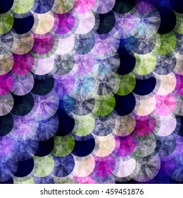 Delicate mosaic of circles. Tile. Abstract seamless vector background. For print, tissue, packaging paper. Watercolor effect. White, black, green, blue, purple