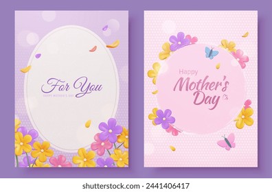 Delicate Mothers Day card set with 3D flowers round frame isolated on purple background.