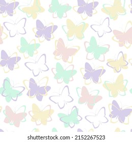 Delicate multicolored butterflies on a white background, seamless pattern. Vector. Fashionable tones. Textiles, wallpaper, wrapping paper