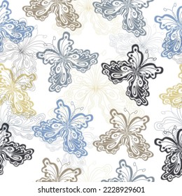 Delicate multicolored butterflies on a white background, seamless pattern.  Vector. Fashionable tones. Textiles, wallpaper, wrapping paper