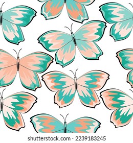 Delicate multicolored butterflies on a white background, seamless pattern.  White color background.