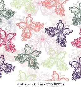 Delicate multicolored butterflies on a white background, seamless pattern.  Vector cute color illustration for summer for kids. 