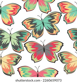 Delicate multicolored butterflies on a white background, seamless pattern.  Carnival butterfly, festive seamless pattern. 