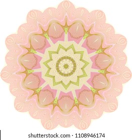 Delicate multi-petaled guilloche doily rosette with double layers of lime green and reddish-pink thin mesh lines.