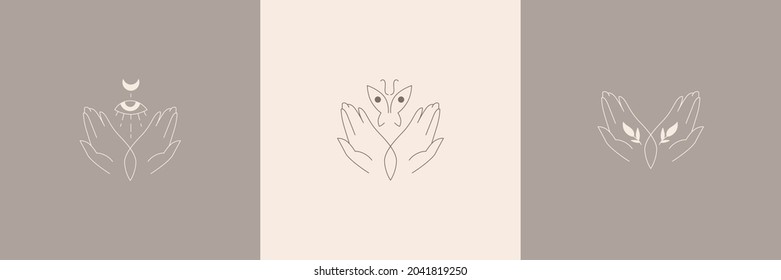 Delicate and natural hand logos. Vector illustration for female business. Handmade or hand care. Logo for a beauty salon or massage. Organic cosmetics, health and beauty. Fortune telling by hand