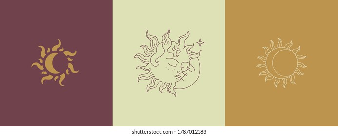 Delicate and natural logos depicting the sun and the moon. Vector illustration for female business. Warm linear illustration, the sleeping sun hugs the moon. Logo for a beauty salon or cosmetics store