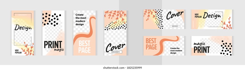 Delicate natural pink and yellow style with plant branches. Set of vertical and horizontal banners for design of social networks, instagram story and print with windows for images. 