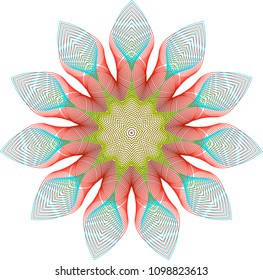 Delicate nested guilloche floral rosette with spear-shaped leaves and bright colors including gradient reds, light blue and centered with a fluorescent green.