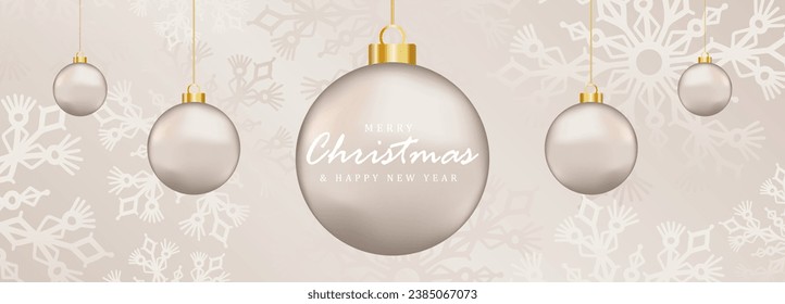 Delicate New Year and Christmas background with realistic Christmas balls and white Christmas tree branches and snowflakes. New Year card, wallpaper, banner, poster. 2024