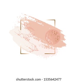 Delicate nude rose brush strokes and ball in a thin golden frame. Vector design template for banner, card, cover, web, poster.