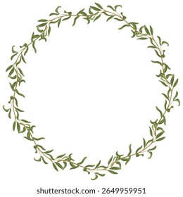 Delicado quadro de coroa de oliveira. Arte em linha vetorial com galhos naturais e folhagem. Ideal para marca moderna, convites, embalagem orgânica e projetos de casamento minimalista