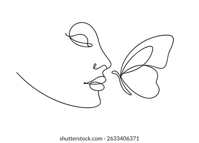A delicate one line drawing of a face with butterfly creating elegant art