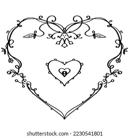 Delicate openwork heart - outline vector graphic for greeting card. black lines on white. Doodles.