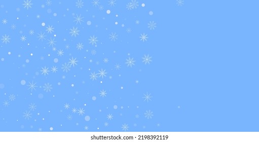 Delicate openwork white snowflakes. Snow, snowfall. Falling scattered blue snowflakes on a blue background. Vector