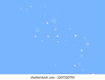 Delicados copos blancos de nieve a cielo abierto. Nieve, nevada. Cayendo copos de nieve azules dispersos en un fondo azul. Vector